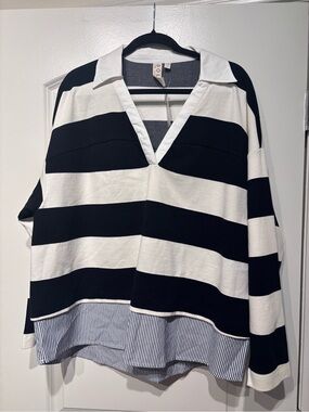 dolan Black & White Striped V-Neck Business Casual Sweater